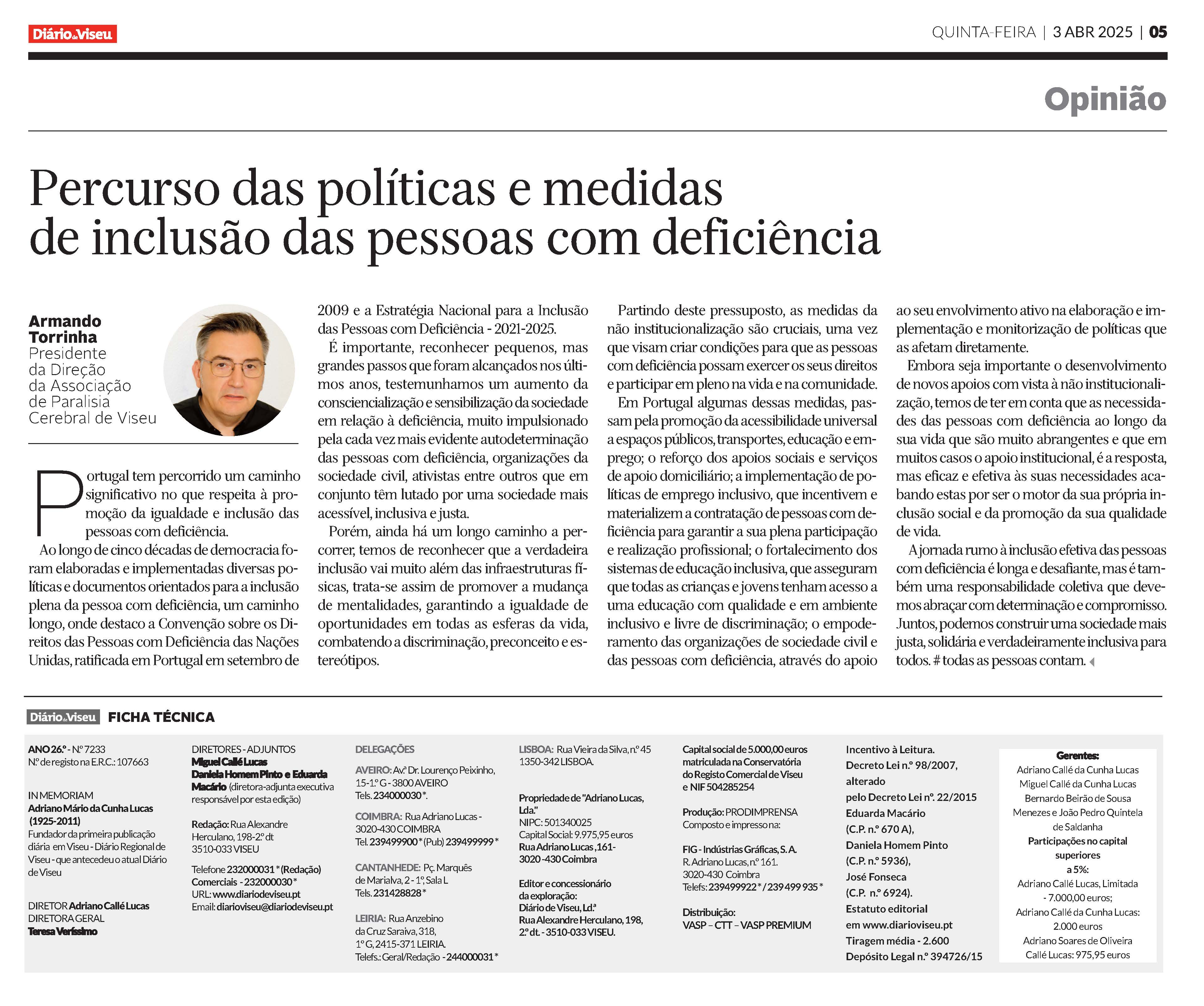 Artigo de Opinião - Percurso das políticas e medidas de inclusão das pessoas com deficiência.